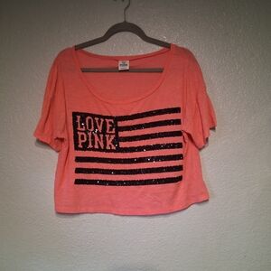 PINK Victoria's Secret Coral Crop Top with Black Sequin Graphic